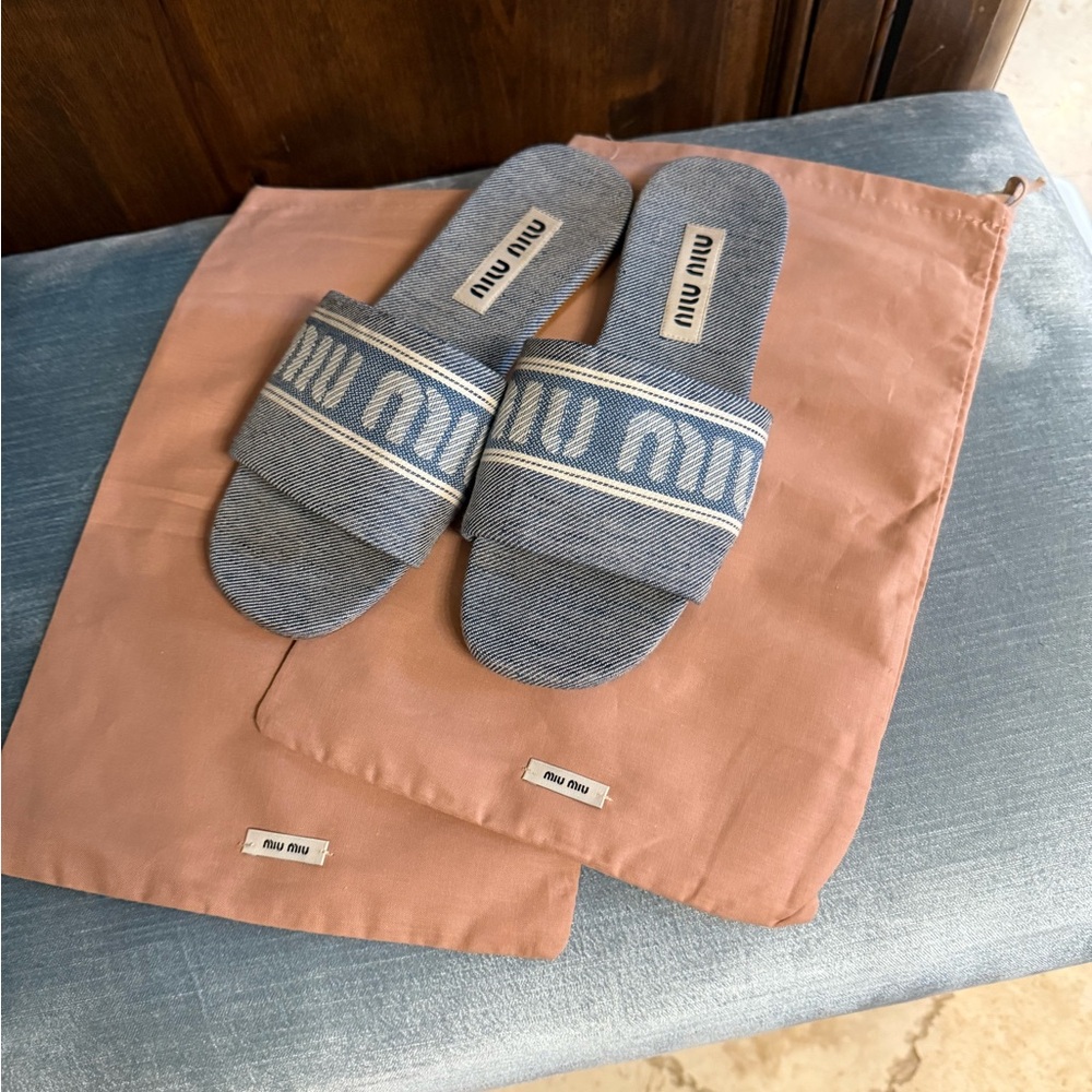 END OF SUMMER SALE: Miu Miu Denim Logo Jacquard Denim Slide Sandals